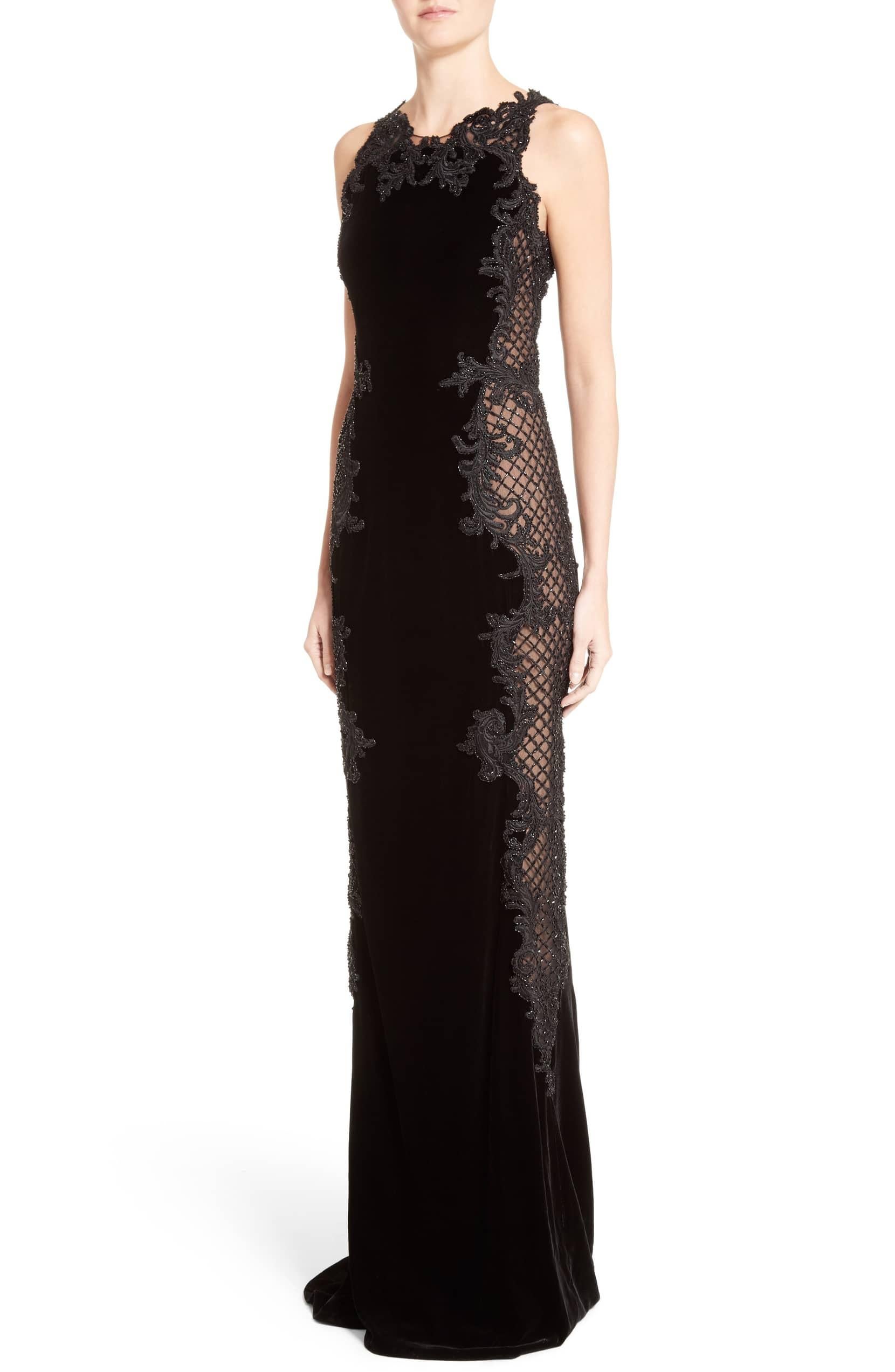 Marchesa Black Velvet Baroque Scroll Beaded Embroidered Tulle Column Dress Gown  For Sale 1