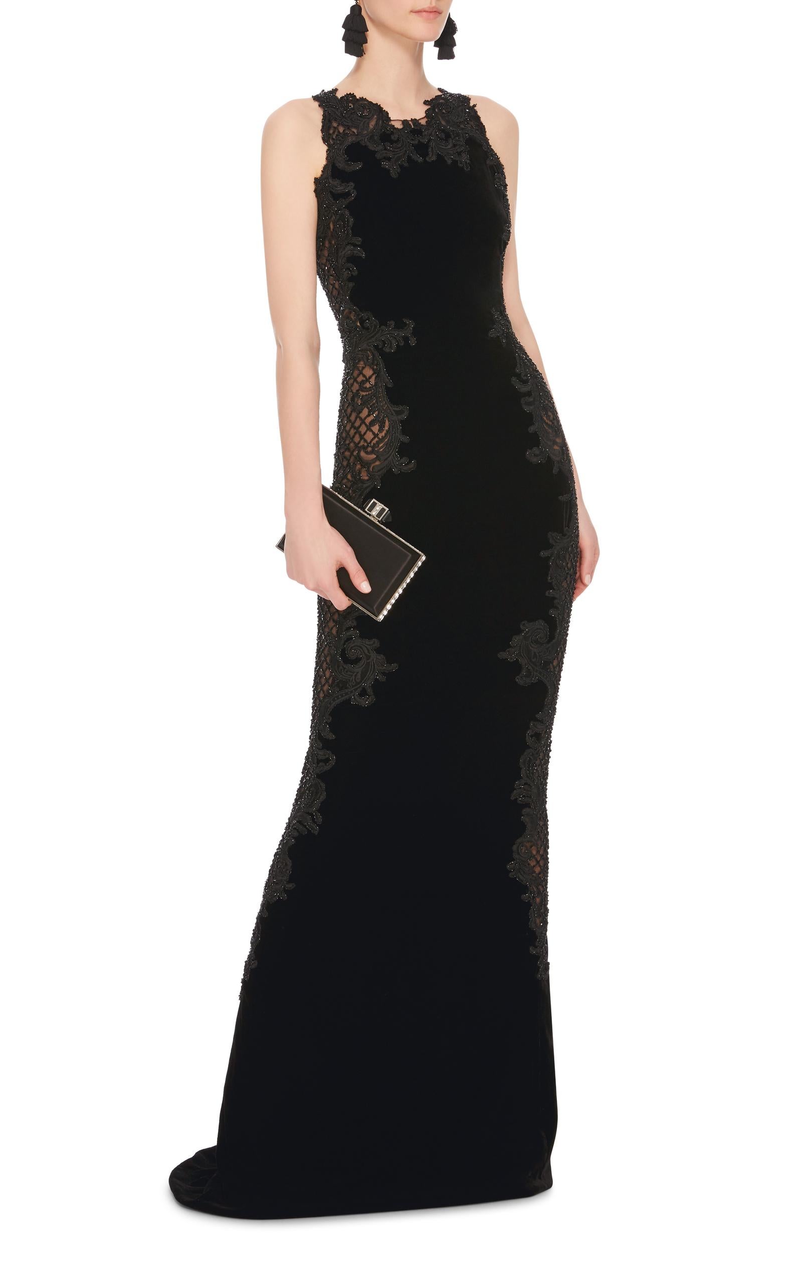 Marchesa Black Velvet Baroque Scroll Beaded Embroidered Tulle Column Dress Gown  For Sale 2
