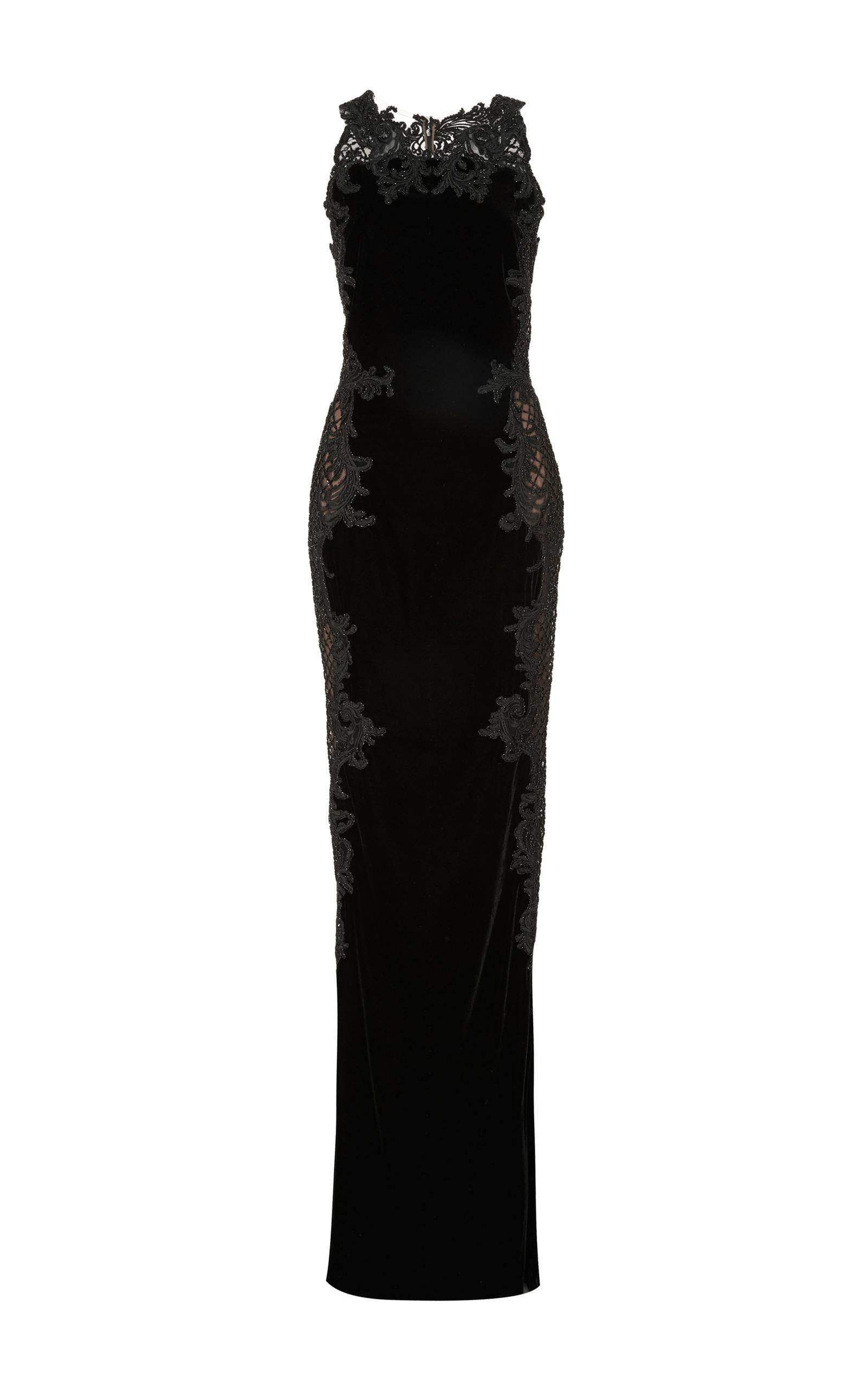 Marchesa Black Velvet Baroque Scroll Beaded Embroidered Tulle Column Dress Gown  For Sale 3