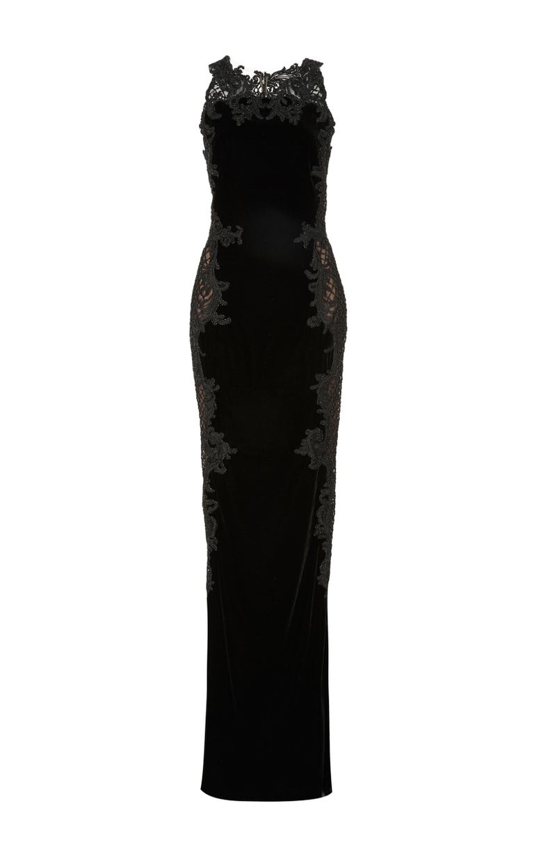 Marchesa Black Velvet Baroque Scroll Beaded Embroidered Tulle Column Dress  Gown For Sale at 1stDibs