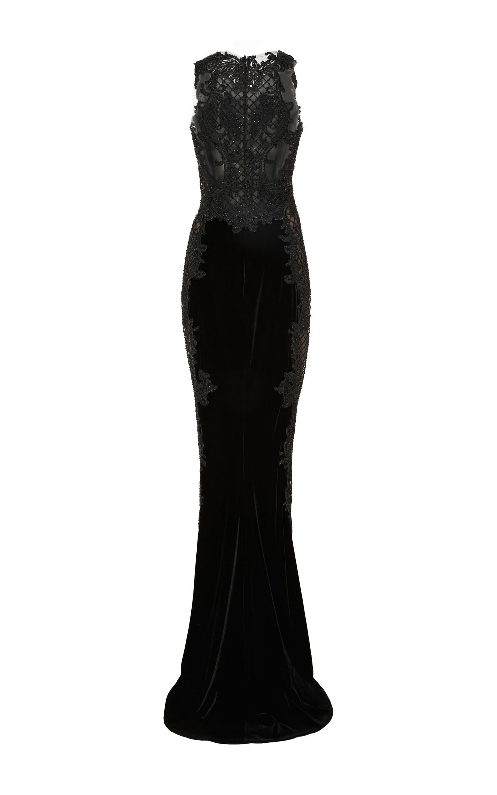 Marchesa Black Velvet Baroque Scroll Beaded Embroidered Tulle Column Dress Gown  For Sale 4