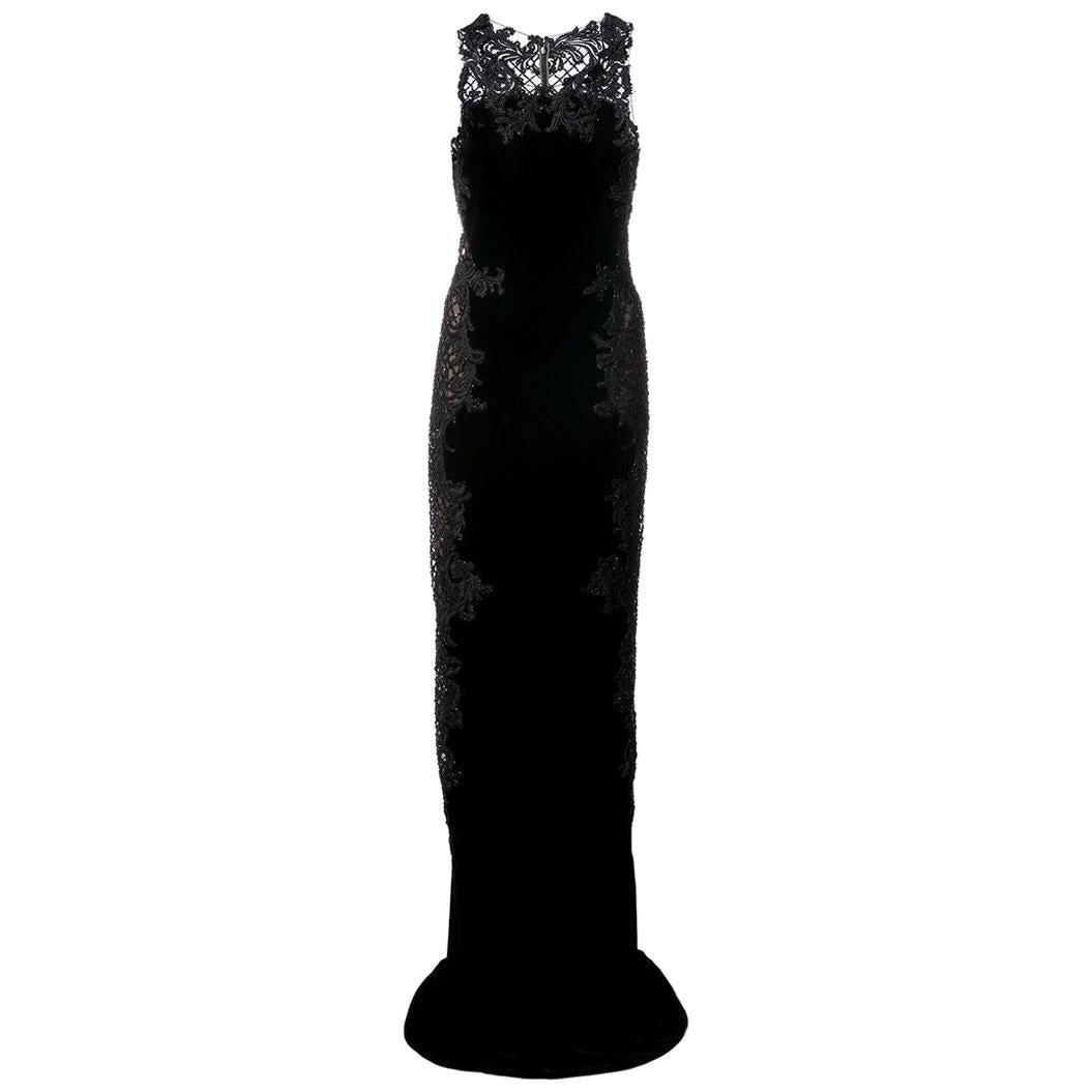 Marchesa Black Velvet Baroque Scroll Beaded Embroidered Tulle Column Dress Gown  For Sale