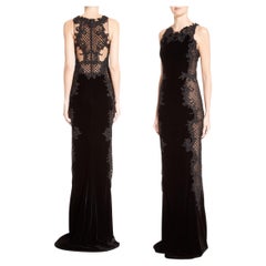 Marchesa Black Velvet Baroque Scroll Beaded Embroidered Tulle Column Dress Gown