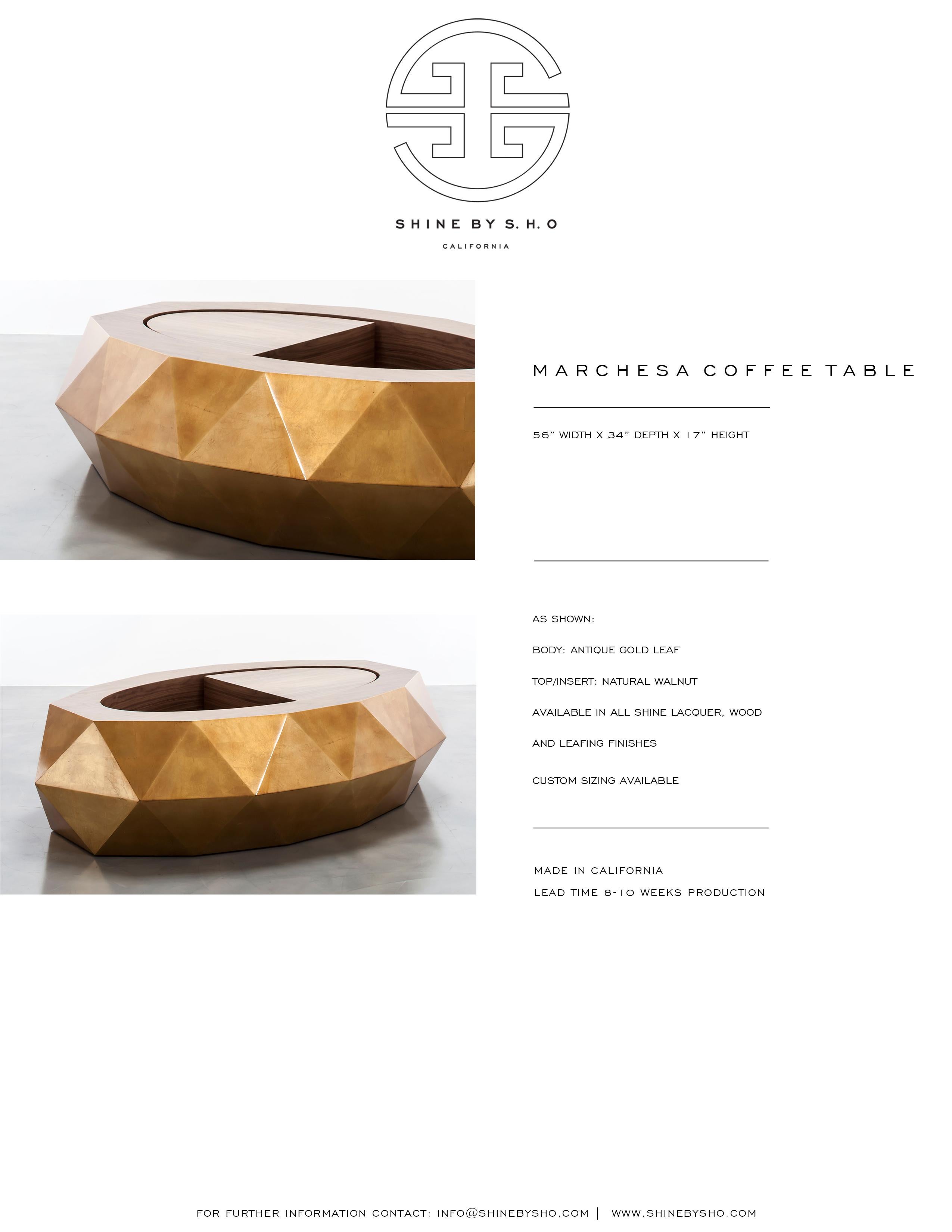 MARCHESA COFFEE TABLE - Modern Faceted Gold Leaf and Walnut Coffee Table In New Condition For Sale In Laguna Niguel, CA