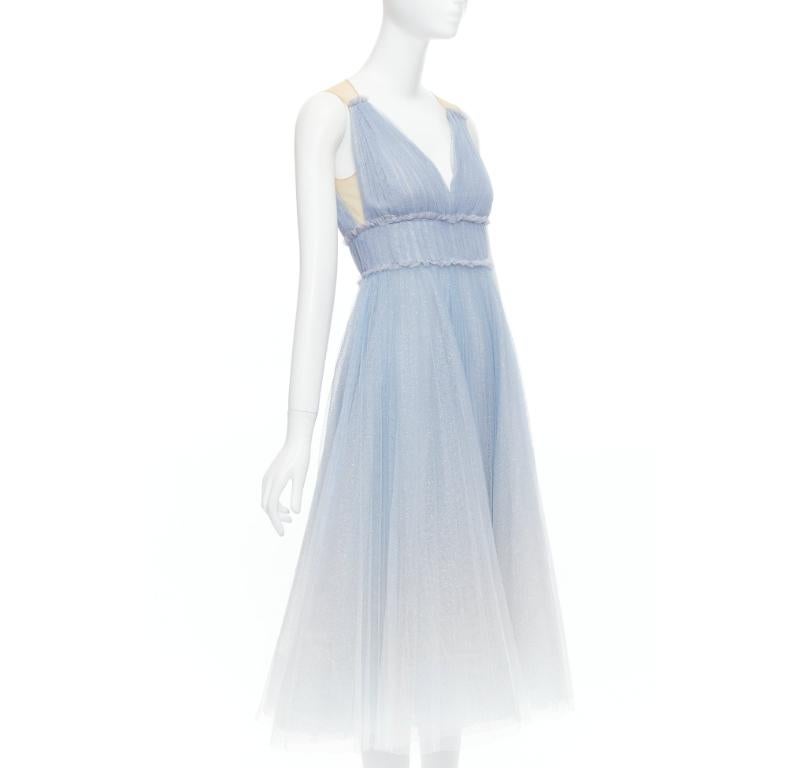MARCHESA NOTTE vestido de tul azul bebé blanco ombre con cintura fruncida UK6 XS Gris