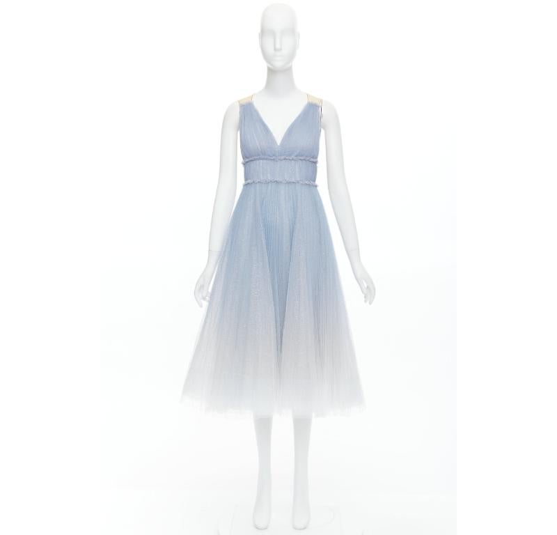 MARCHESA NOTTE vestido de tul azul bebé blanco ombre con cintura fruncida UK6 XS 4