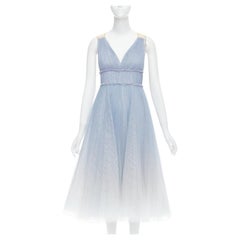 Marchesa Notte, abito in tulle blu baby e bianco, increspato in vita, UK6 XS