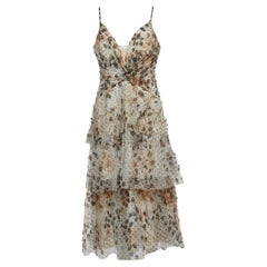 Used Marchesa Notte Beige Embellished Printed Tulle Tiered Gown L