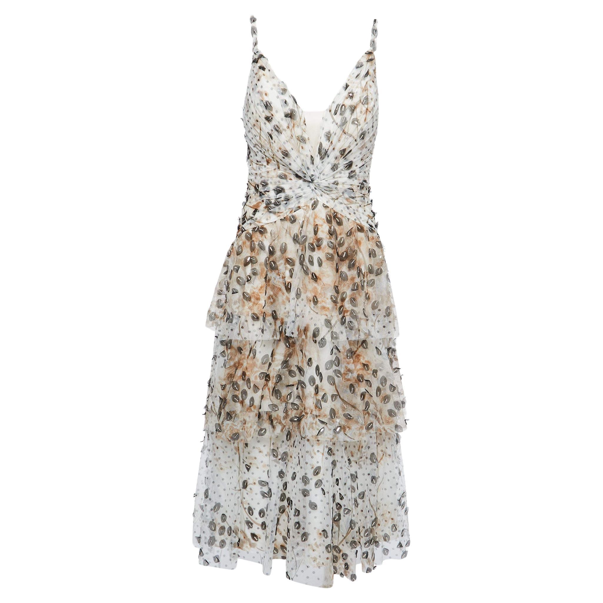 Marchesa Notte Beige Embellished Printed Tulle Tiered Gown XL