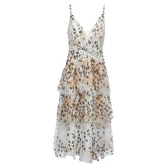 Used Marchesa Notte Beige Embellished Printed Tulle Tiered Gown XL