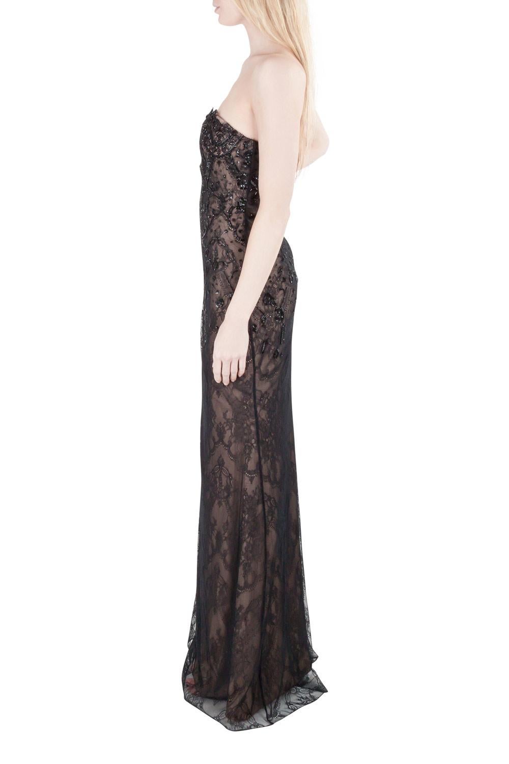 Marchesa Notte Black Embellished Lace Overlay Strapless Evening Gown M 1