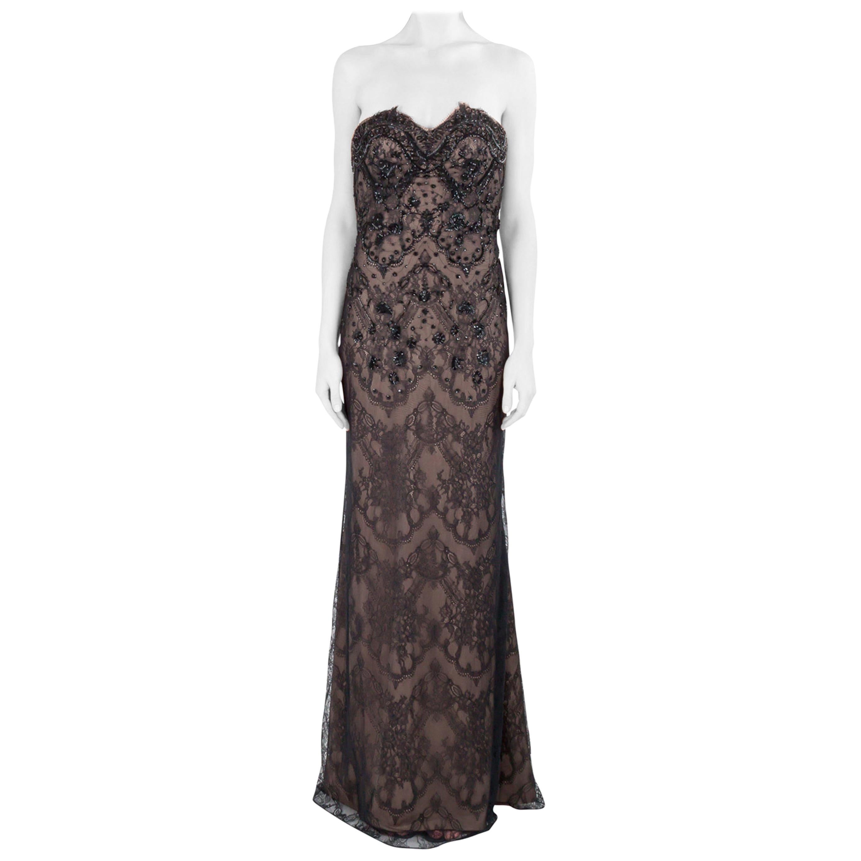 Marchesa Notte Black Embellished Lace Overlay Strapless Evening Gown M