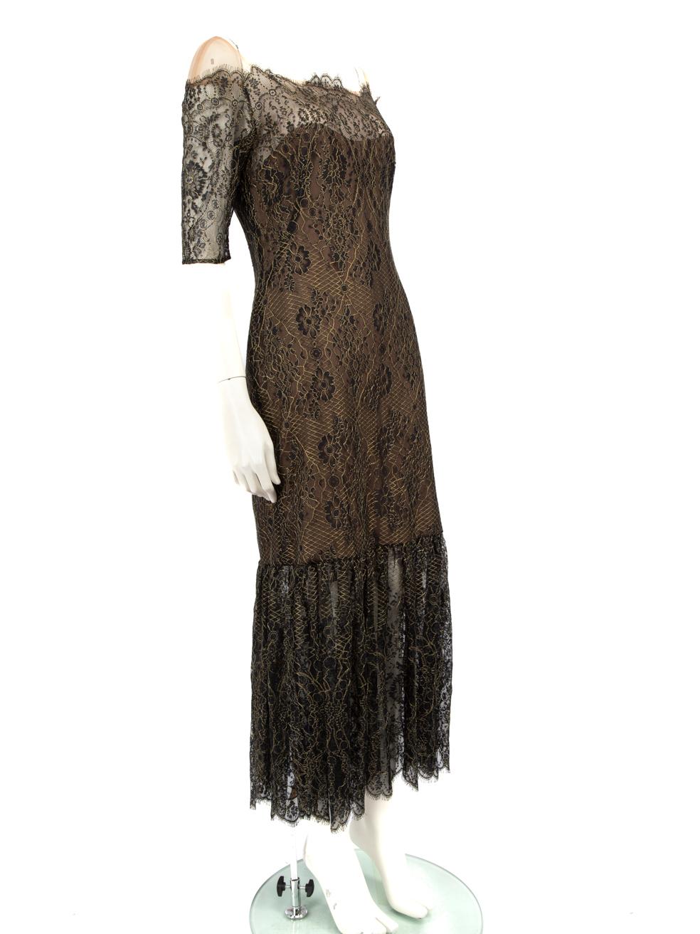 CONDITION is Very Good. Hardly any visible wear to the dress is evident on this used Marchesa Notte designer resale item.
  
  
  
  Details
  
  
  Black and gold
  
  Lace
  
  Midi dress
  
  Sheer on sleeves and neckline
  
  Off shoulder
  
 