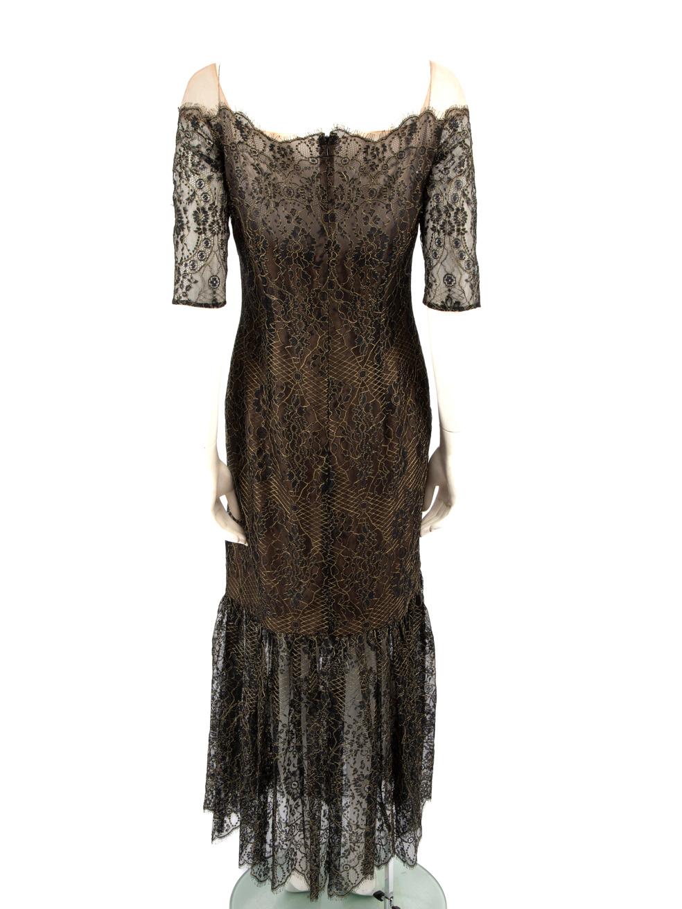 Marchesa Notte Black & Gold Lace Off Shoulder Dress Size XL In Good Condition In London, GB