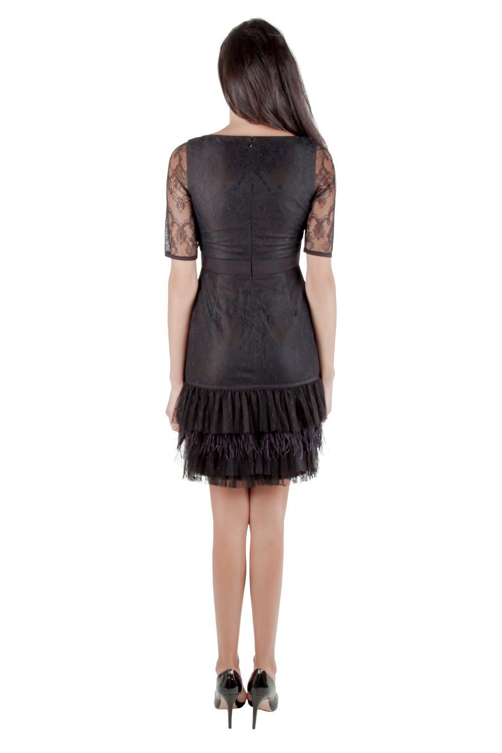 Marchesa Notte Black Lace Ruffle Tiered Hem Feather Insert Cocktail Dress M In New Condition In Dubai, Al Qouz 2