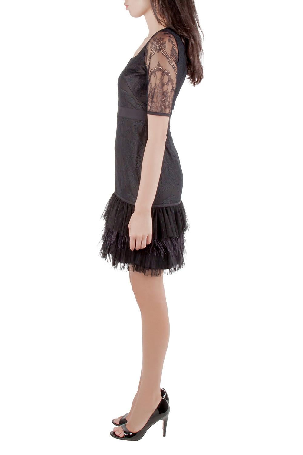 Marchesa Notte Black Lace Ruffle Tiered Hem Feather Insert Cocktail Dress M 1