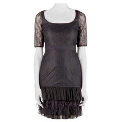 Used Marchesa Notte Black Lace Ruffle Tiered Hem Feather Insert Cocktail Dress M