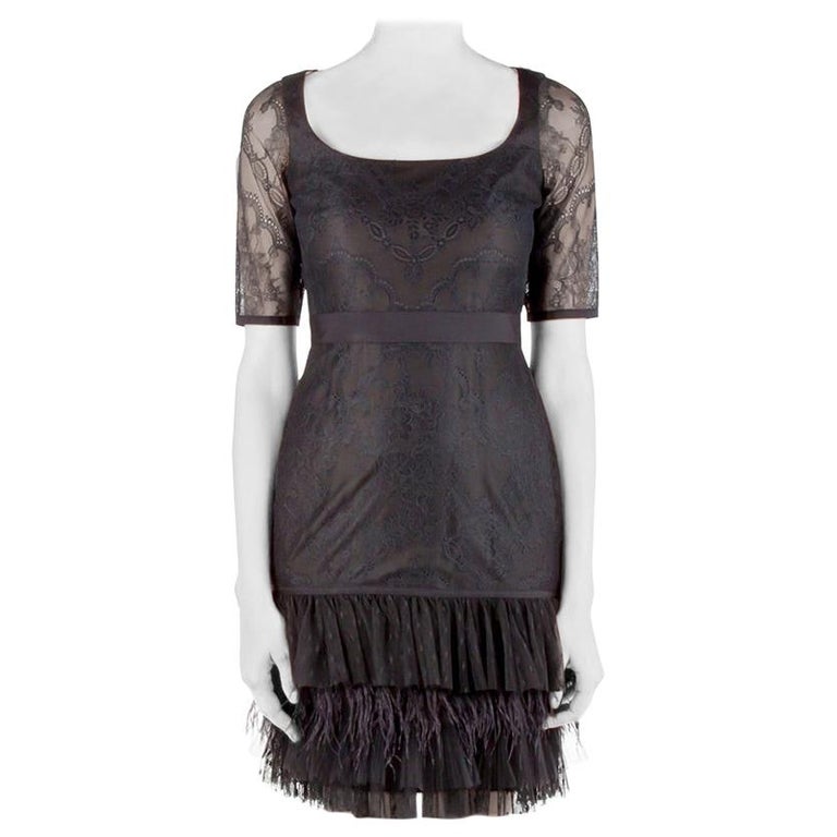 Marchesa Notte Black Lace Ruffle Tiered Hem Feather Insert Cocktail ...