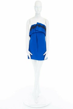 MARCHESA NOTTE black lace trimmed royal blue strapless mini dress US6 UK10 S