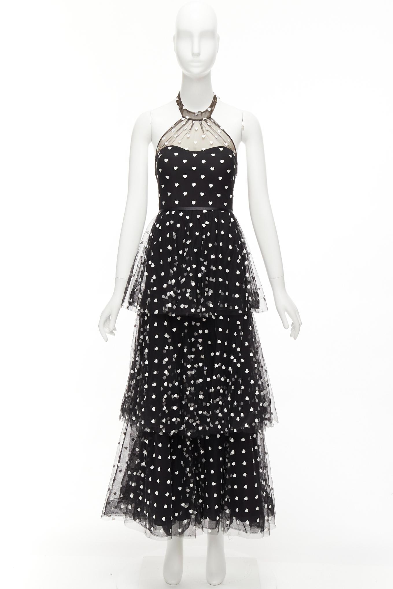 MARCHESA NOTTE black mesh white heart embroidered halter neck tiered gown US0 XS For Sale 5