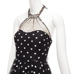 MARCHESA NOTTE black mesh white heart embroidered halter neck tiered gown US0 XS