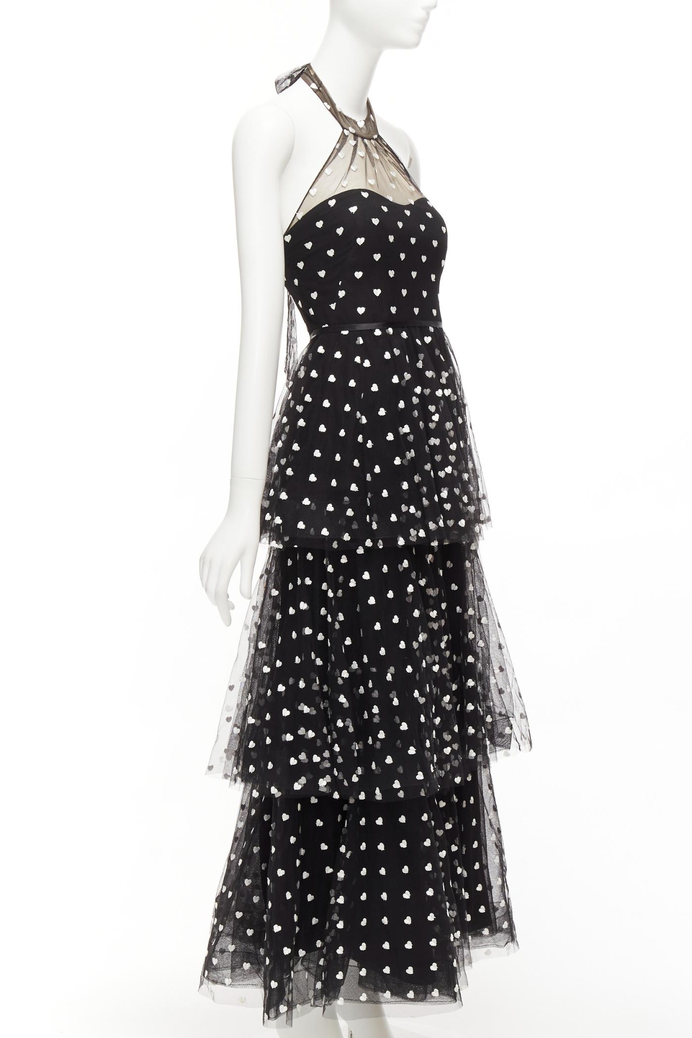 Black MARCHESA NOTTE black mesh white heart embroidered halter neck tiered gown US0 XS For Sale