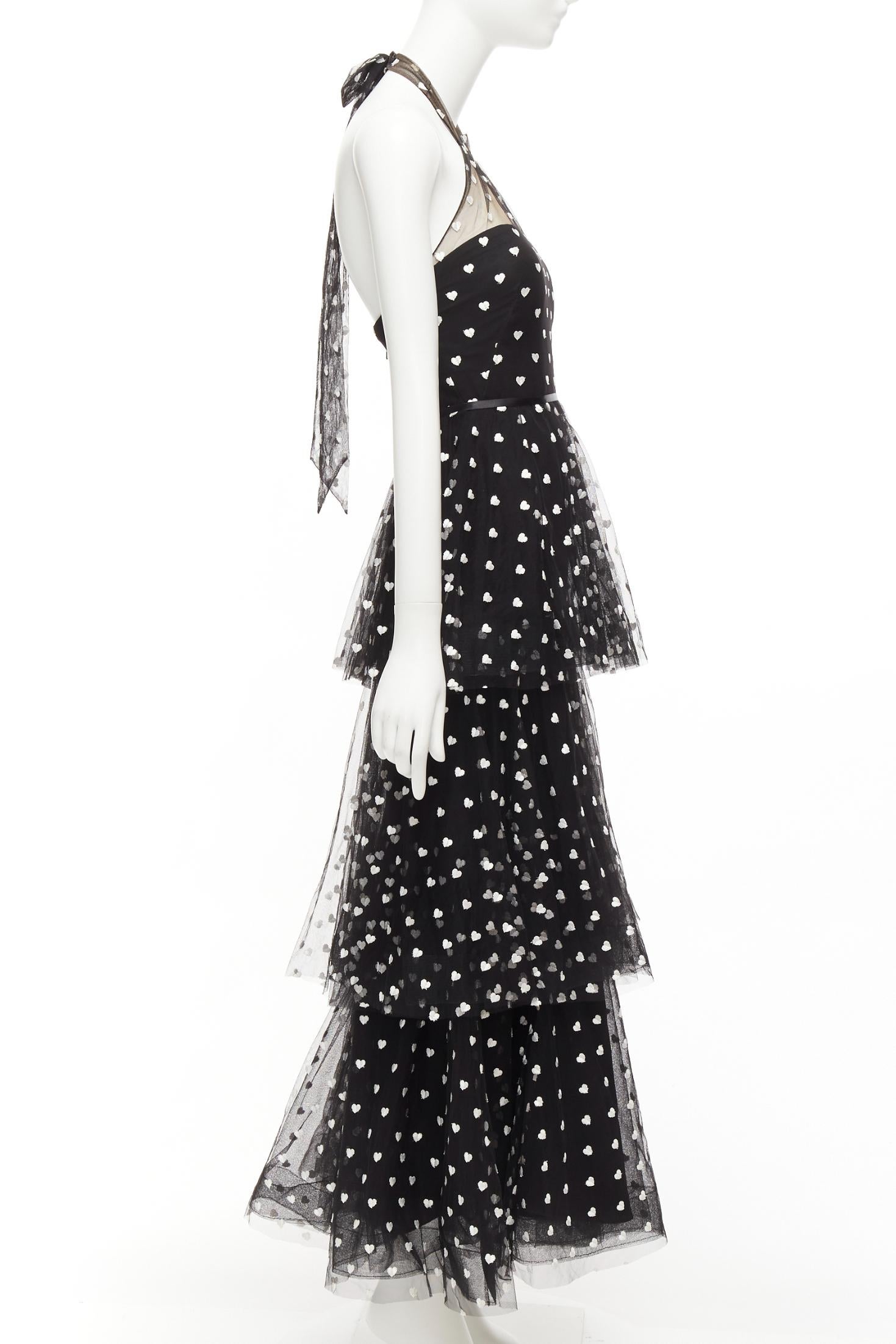 MARCHESA NOTTE black mesh white heart embroidered halter neck tiered gown US0 XS In Excellent Condition For Sale In Hong Kong, NT