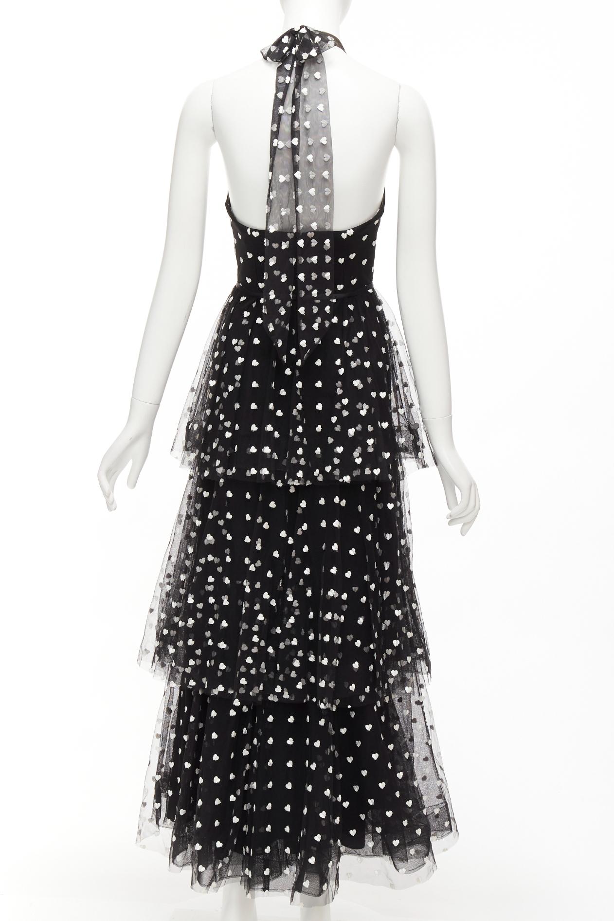 Women's MARCHESA NOTTE black mesh white heart embroidered halter neck tiered gown US0 XS For Sale