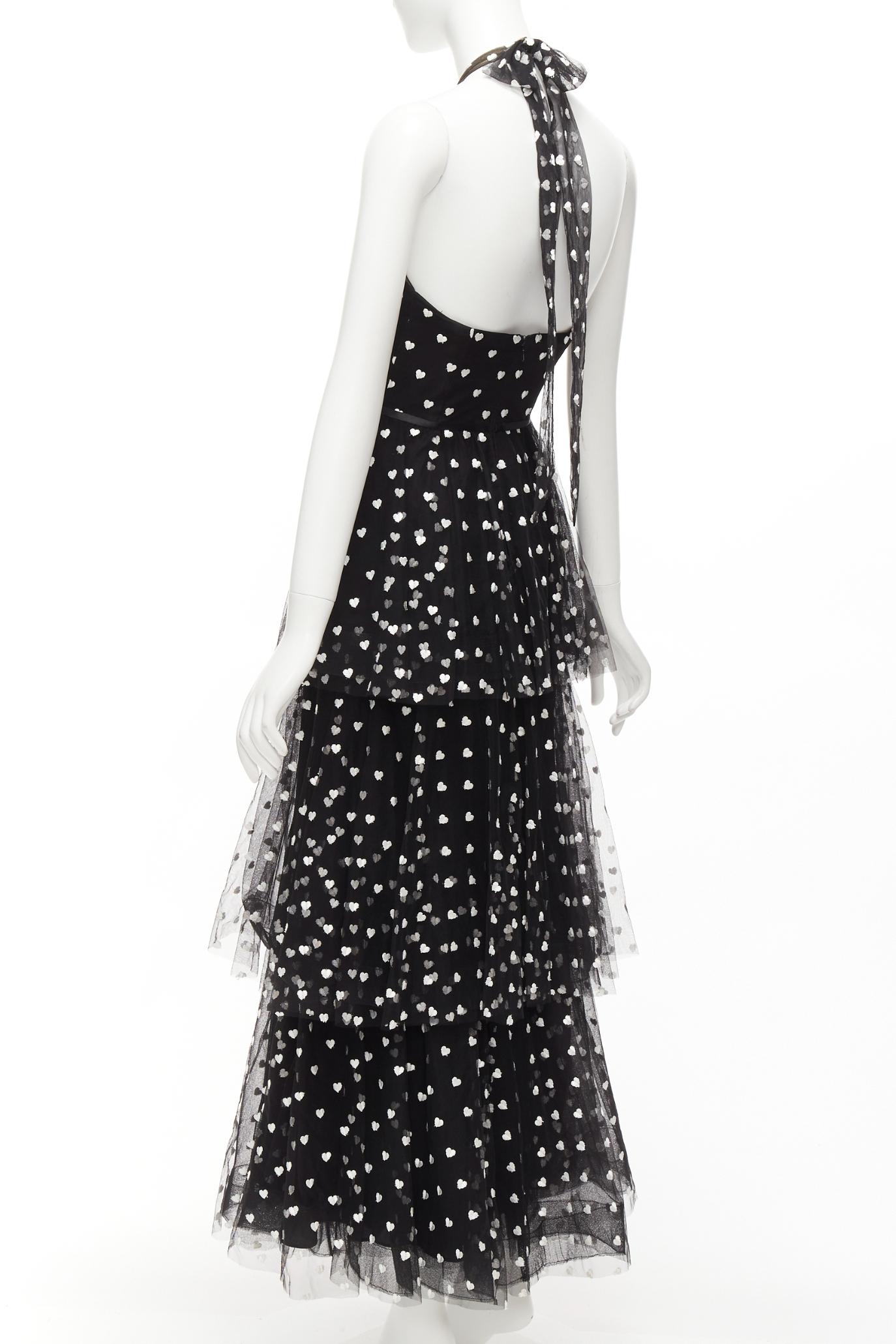 MARCHESA NOTTE black mesh white heart embroidered halter neck tiered gown US0 XS For Sale 1