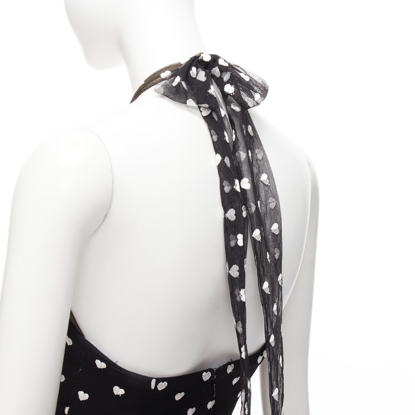 MARCHESA NOTTE black mesh white heart embroidered halter neck tiered gown US0 XS For Sale 2