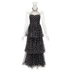 MARCHESA NOTTE black mesh white heart embroidered halter neck tiered gown US0 XS