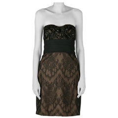 Used Marchesa Notte Black Sequin Embellished Lace Overlay Strapless Pencil Dress M