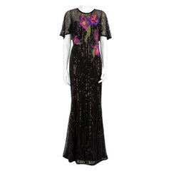Marchesa Notte Black Sequin Floral Embroidered Dress Size L
