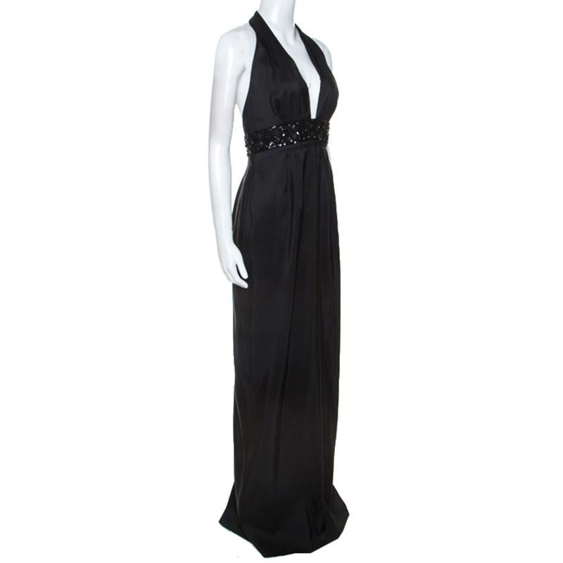 Marchesa Notte Black Silk Embellished Waist Halterneck Evening Gown M In Excellent Condition In Dubai, Al Qouz 2