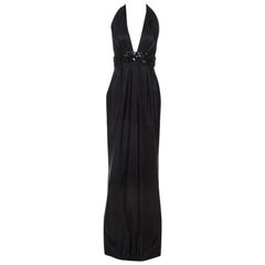 Marchesa Notte Black Silk Embellished Waist Halterneck Evening Gown M