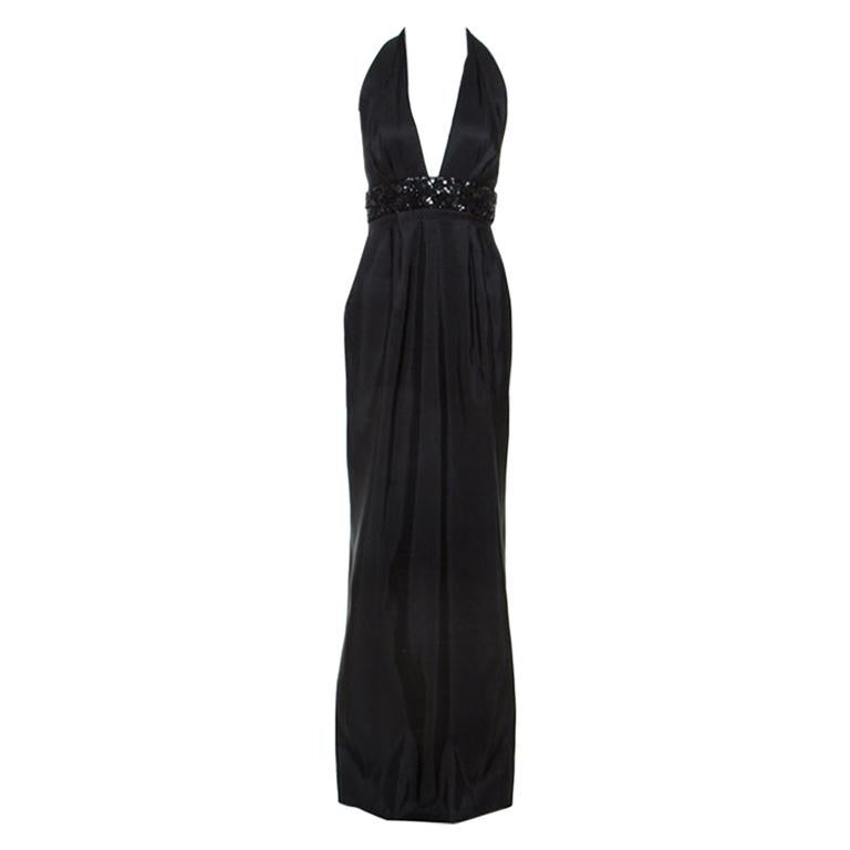 Marchesa Notte Black Silk Embellished Waist Halterneck Evening Gown M