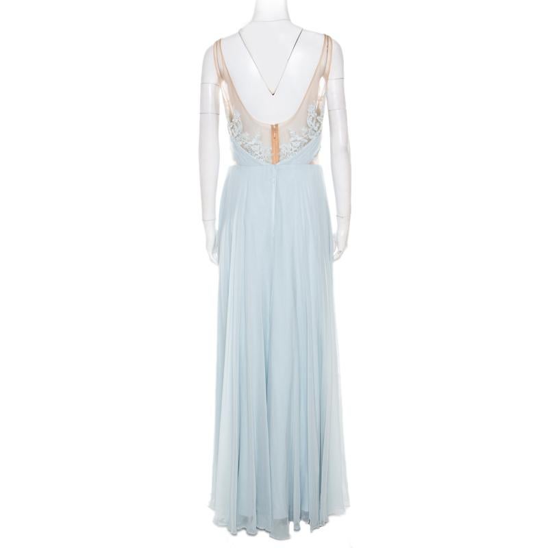 Marchesa Notte Blaues Kleid aus bestickter Seide mit durchsichtigen Paneeldetails, L im Zustand „Neu“ in Dubai, Al Qouz 2