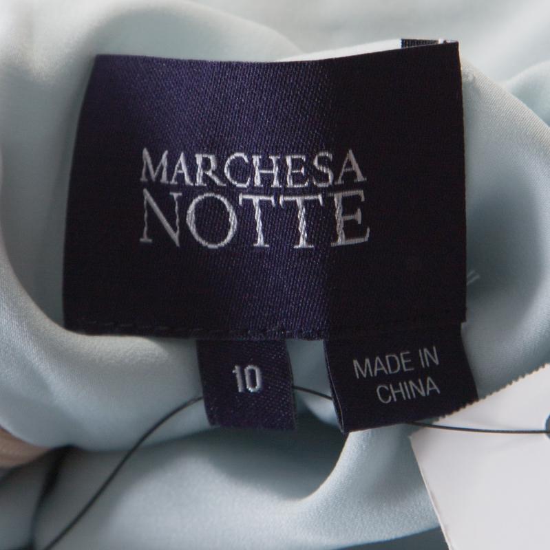 Marchesa Notte Blaues Kleid aus bestickter Seide mit durchsichtigen Paneeldetails, L 1