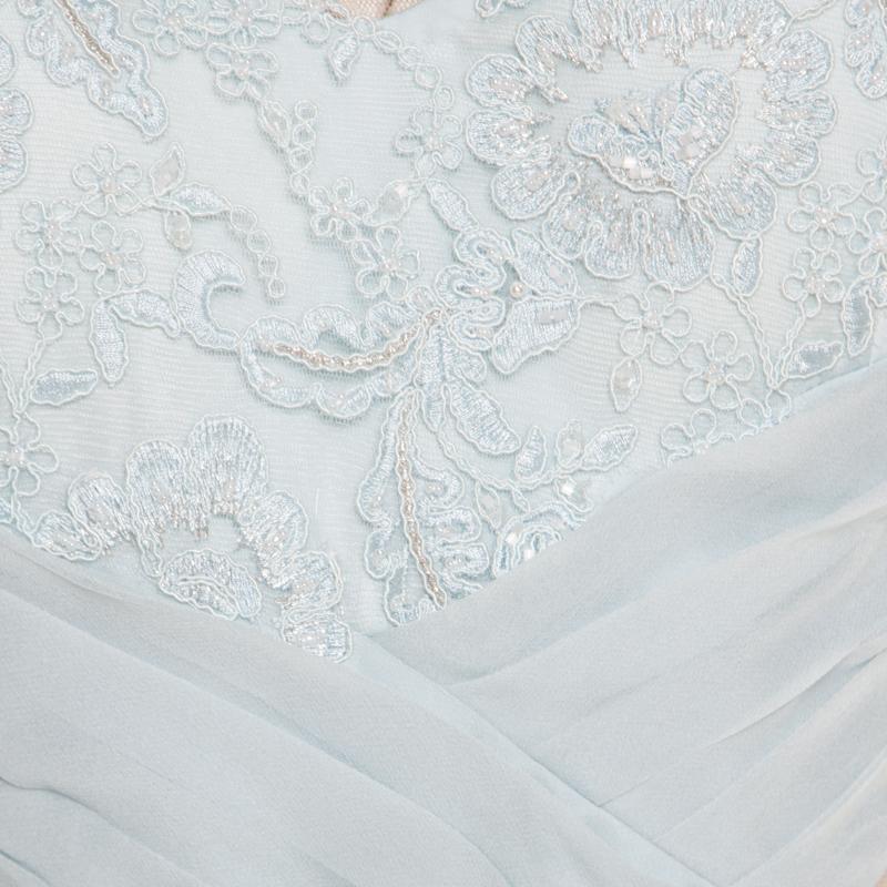 Marchesa Notte Blaues Kleid aus bestickter Seide mit durchsichtigen Paneeldetails, L 2