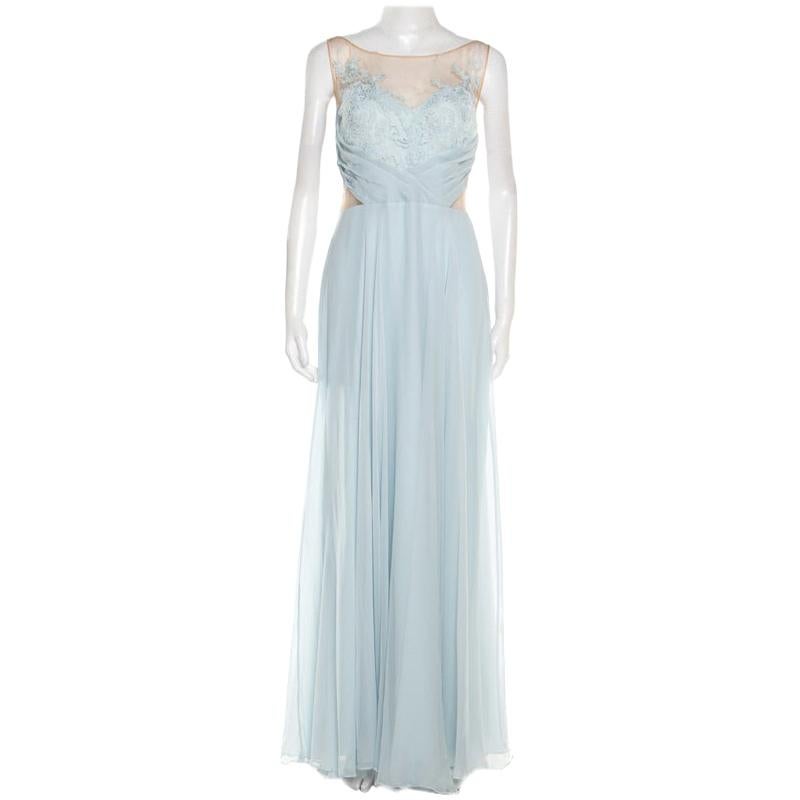 Marchesa Notte Blue Embellished Embroidered Silk Sheer Panel Detail Gown L