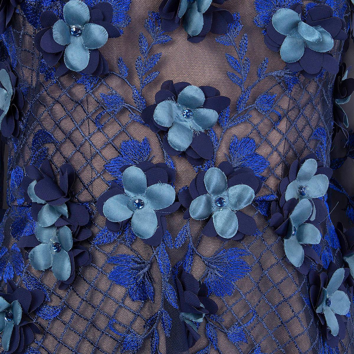 Blue MARCHESA NOTTE blue SHEER FLORAL EVENING Dress 0 XS For Sale
