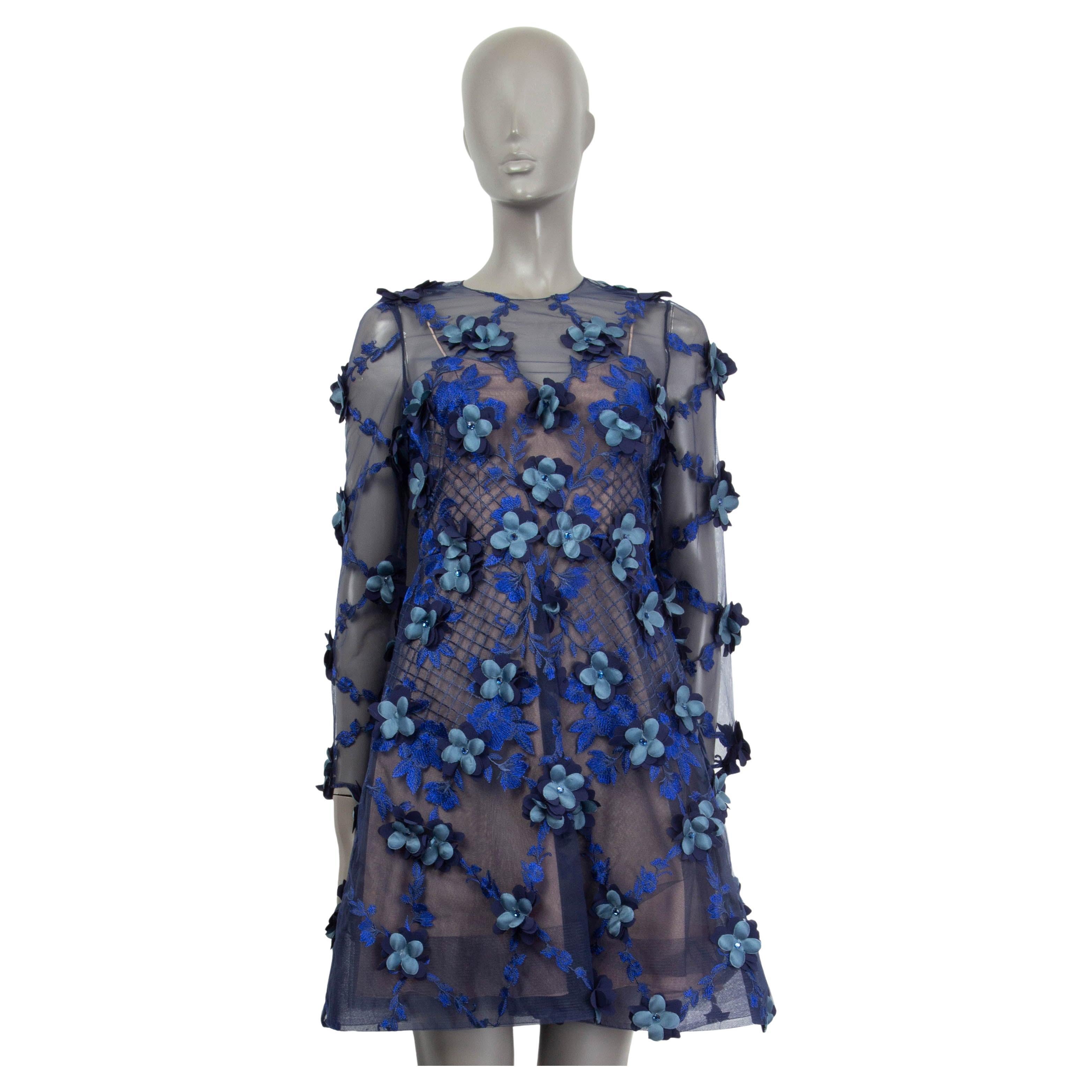 MARCHESA NOTTE blue SHEER FLORAL EVENING Dress 0 XS For Sale