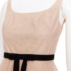 MARCHESA NOTTE blush pink glitter tulle black velvet bow tea length gown US2 S