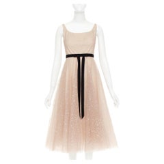 MARCHESA NOTTE blush pink glitter tulle black velvet bow tea length gown US2 S
