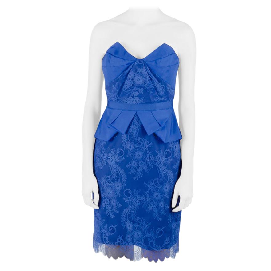 Marchesa Notte Cobalt Blue Lace and Organza Strapless Peplum Cocktail Dress S