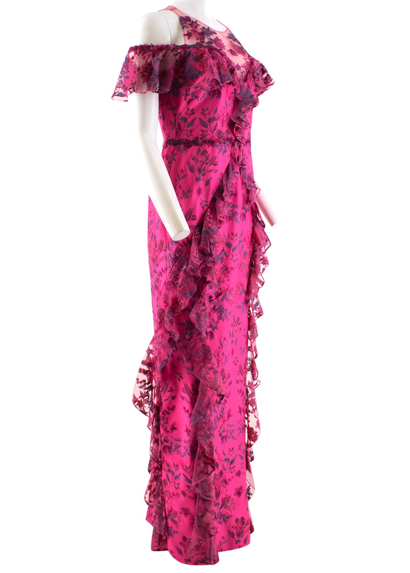 Marchesa Notte Cold-Shoulder Ruffled Embroidered Gown Dress

- Pink, heavy-weight, ruffled-trimmed floral embroidery gown dress
- Cold-shoulder
- Round, embroidered tulle neckline 
- Short sleeve with embroidered tulle
- Centre-back hook-and-eye and