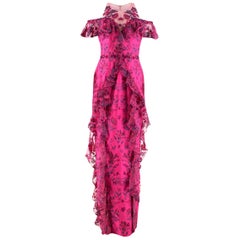 Used Marchesa Notte Cold-Shoulder Ruffled Embroidered Gown Dress US 8