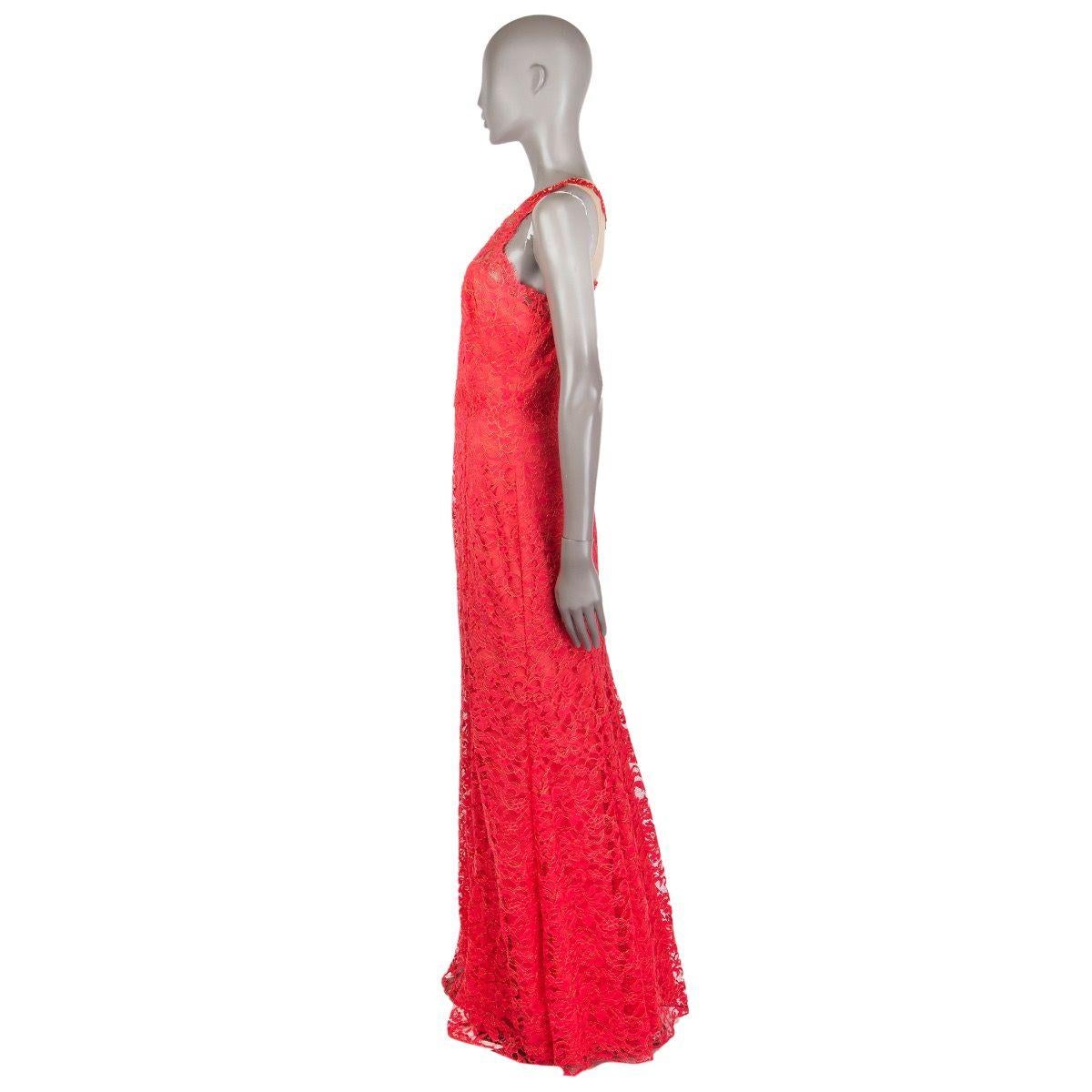 100% authentic Marchesa 'Notte' sleeveless lace evening gown in coral and gold nylon (80%) and metallic fiber (20%) with a  jewel neck. Closes on the back with a concealed zipper. Lined in polyester (97%) and spandex (3%). Brand