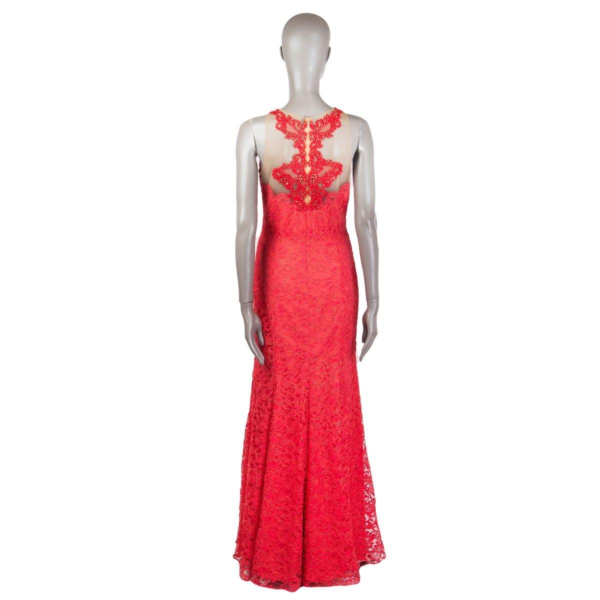 Red MARCHESA NOTTE coral & gold LUREX LACE EVENING GownDress 6 S For Sale