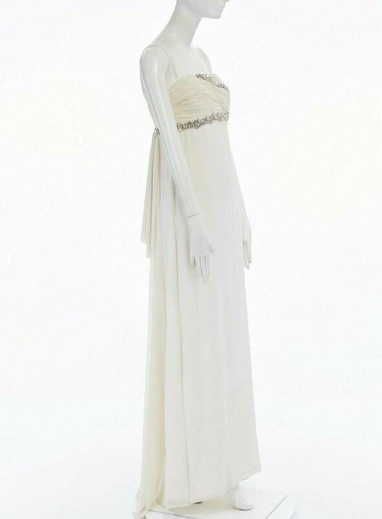 Gray MARCHESA NOTTE cream crystal jewel embellished pleated bust evening gown dress M For Sale